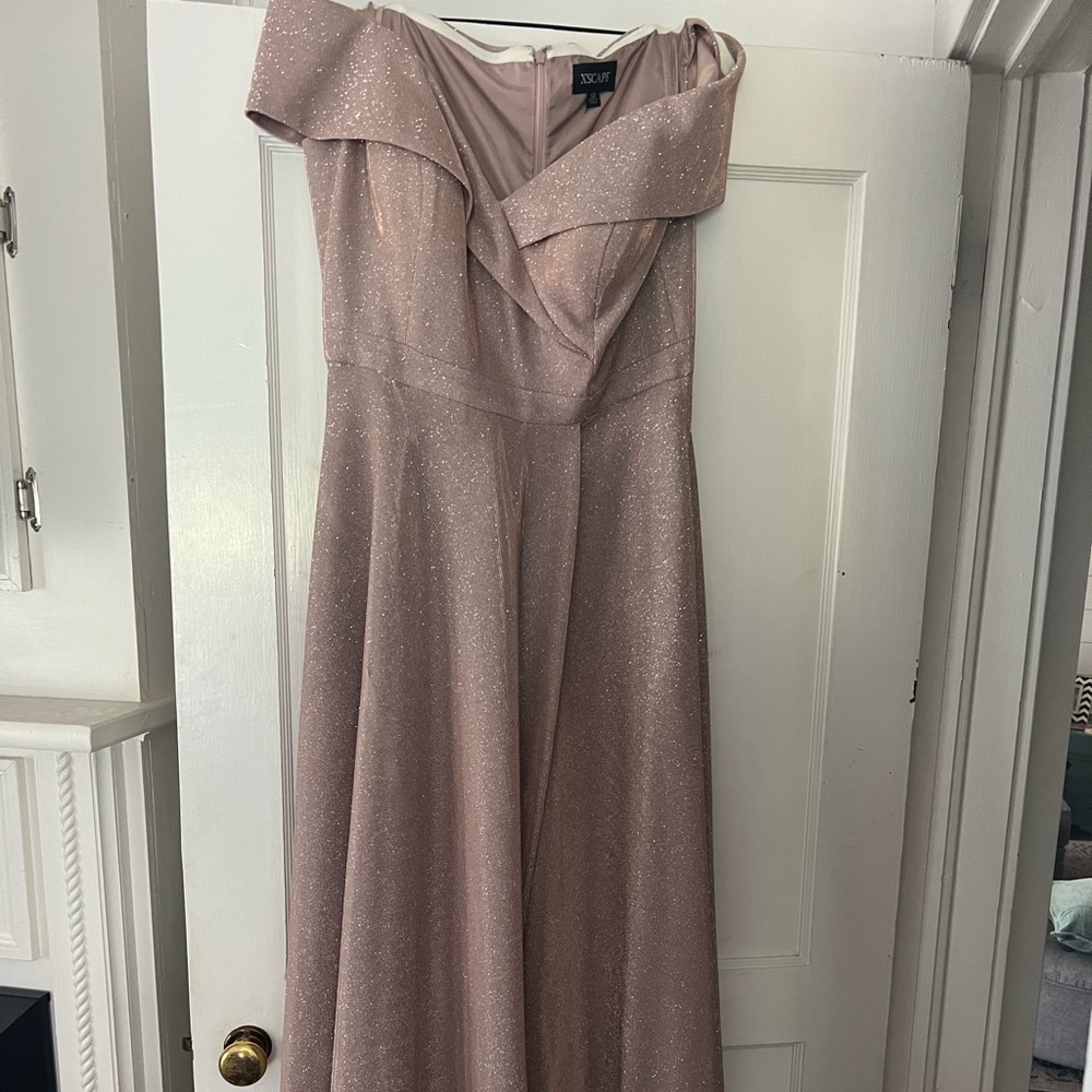 Off shoulder rose gold/blush formal gown with pockets
